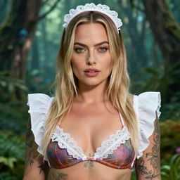 Margot robbie as a beautiful tattooed female maid wearing a magical bikini in a magical forest, detailed face, realistic face, photorealistic, piercing gaze, hyper detailed, 8k resolution