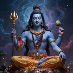 Lord Shiva holding the earth in his one hand and trishul in other hand, cosmic background, high quality, 8k