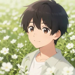 portrait of a happy person in a field of white flowers, gentle lighting, shading, digital illustration, pixiv