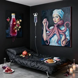 black hotel room with black walls and a futon, berry juice, dripping, a sensual portrait of a female surgeon holding an octopus, intravenous drip, wilted flowers, pomegranate, pancakes, berries, surgical supplies, scientific glassware, candles, neo - expressionism, surrealism, acrylic and spray paint and oilstick on canvas