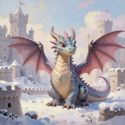 medieval fantasy, realism, soft oil painting, a friendly cute dragon, anatomically accurate quadruped, surrounded by snowy castle fortresses, art by larry elmore, and ted nasmith, and brothers hildebrandt, and paul bonner, and boris vallejo, and gerald brom, high - readability, intricately detailed, elegant, pastel, joyful
