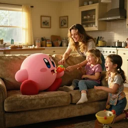 1990s candid 35mm photo of a beautiful day in the family kitchen , cinematic lighting, cinematic look, golden hour, Nintendo's Kirby is eating the family sofa, kids are crying, the Sofa is in Kirby's mouth, UHD