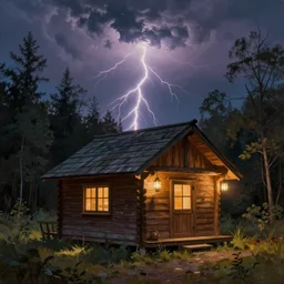 small wooden house in the woods, there is lanterns around illuminating the environment, cinematic lightning, dramatic, clouds, sky, the time of day is sunset, highly detailed, oil painting,