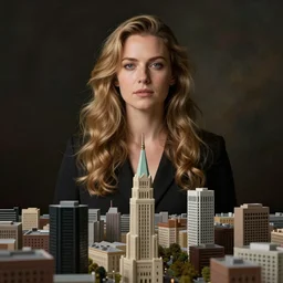 Giant woman towers over a model city, photography by Julia Fullerton-Batten