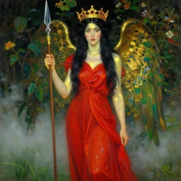 a tall woman with very black hair with a spear in her hand and a crown on her head, red dress, natural background composed by green plants and flowers, painting, fine art, paint, digital art, light art, warm color palette, neon, triadic - colors, tones of black in background, high contrast, 2. 5 d, angelic, shiny, soft body, damascus steel, gold, felt cloth, snow, fog, mist, grass, moss, by gustav klimt