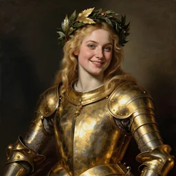 beautiful rugged sultry thick saoirse ronan, blonde hair, wearing gold armour, posing seductive, smiling, ornate wreath, oil painting by titian, hard focus, portrait
