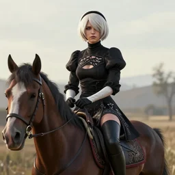 Film still of a woman cosplaying as 2B nier automata wearing skintight clothes riding a horse, from Red Dead Redemption 2 (2018 video game), trending on artstation, artstationHD, artstationHQ