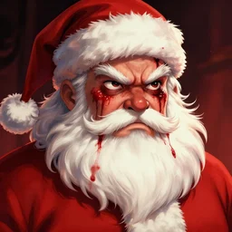 portrait of Santa Claus l, angry expression, face covered in blood, dramatic lighting, illustration by Greg rutkowski, yoji shinkawa, 4k, digital art, concept art, trending on artstation
