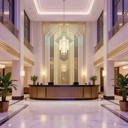a beautiful, sharp focus, clean lines. the interior of a 1 9 4 0 s art deco luxury hotel. hotel lobby and receptionist. vaporwave ombre rendering. outrun style. trending on artstation. recommended for you behance. wes anderson colors. by chris moore. by edward hopper. ambient occlusion. digital matte painting. metropolis filmic. gotham city.