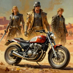 moebius and ralph mcquarrie style retro motorbike motorcycle futuristic sci - fi painting, mad max fury road, star wars dune, the incal