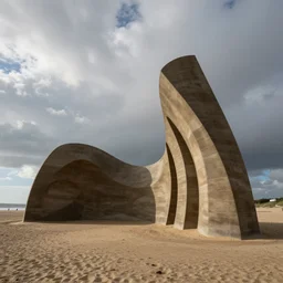 huge plastic sculptures by eduardo chillida on a cloudy beach