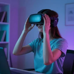 portrait art of a woman playing with a vr headset in a cyan and purple lit room art by artgerm