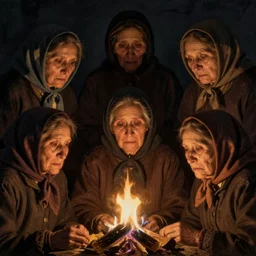 six old women in the dark, around a fire, closeup of faces, sad expression, wearing hair scarfs, hyper detailed, trending on artstation, classic painting, dramatic light