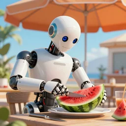 a robot cutting watermelon under a sun umbrella on a summer day, sharp focus, smooth, featured in artstation, digital painting, concept art, cinematic lighting, art by salvador dali
