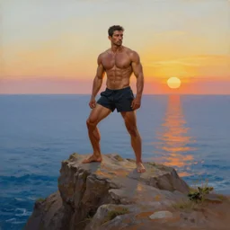 oil painting, a maximally musuclar man poses on the top of a cliff over the ocean during sunrise