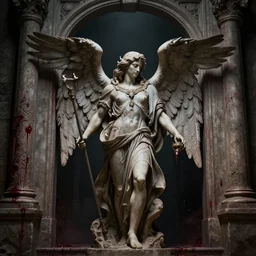hyper realistic photography of an archangel in front of hell's gate. complex architecture, blood drops on the walls. dark background. high details, trending on artstation