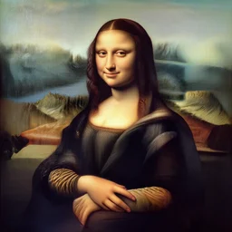 a portrait of a brunette italian woman painted in italian renaissance chiaroscuro style. the woman in the painting is shown seated outdoors with her hands folded in her lap. she is wearing a simple dress with a pattern of flowers. brunette. her black slightly curly long hair is pulled back from her face and she has a small, faint smile. the background of the painting is a landscape of rolling hills and mountains. the sky is a light blue, and there are small clouds in the distance.