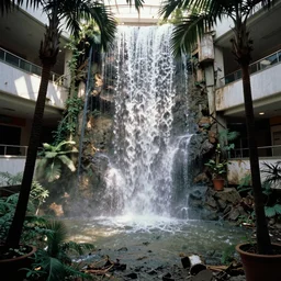 1980s magazine photo of a waterfall in a decaying abandoned mall, with interior potted palm trees, dappled sunlight, faded colors