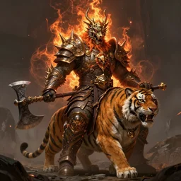 fantasy character portrait orc king in spiky armor with aura on fire wearing a dragon mask sitting on tiger cavalry holding an axe ultra realistic wide angle intricate details long shot highly detailed by peter mohrbacher hajime sorayama wayne barlowe boris vallejo aaron horkey gaston bussiere craig mullins