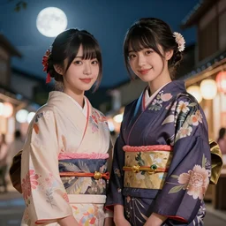 two beautiful anime girls wear fantasy kimono in festival | | sunny night, full moon, dreamlike art, realistic shaded, smile, good looking, hyper details, 4 k realistic, cryengine, realistic shaded lighting poster by artgerm, ross tran, fuji choko, 8 k resolution, trending on artstation, luxury