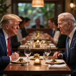 Trump and Biden having dinner at a fancy Balinese restaurant, award winning cinematic photography, sigma 85mm Lens F/1.4, blurred background, perfect faces