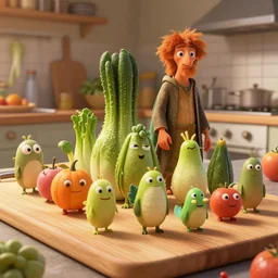 vegetable small creatures parade on a cutting board. kitchen in the background. digital art, realistic, pixar style, highly detailed, cinematic, matte painting, vivid colors, realistic, epic, low angle, lighting, by greg rutkowski and artgerm and alphonse mucha