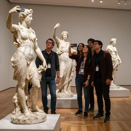 award - winning photo of a group of people taking selfies with statues at an art gallery, specular highlights, raytracing