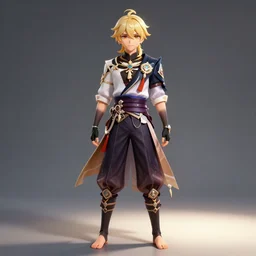 a beautiful fullbody portrait of a cute male genshin impact character barefoot. ambient occlusion, volumetric light, detailed, realistic, fantasy character, rendered in octane