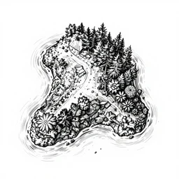 an island seen from an above from an aerial perspective. black ink, grey ink, graphic novel, sketchbook, greyscale. hd. detailed.