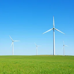 green grassland huge uncanny blue sky multiple wind turbins wallpaper 4K landscape HD