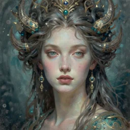 portrait of an impossibly beautiful sea goddess, graceful, esoteric, muted colors, head in focus, high fantasy art, ocean nature and sea aesthetics, ornamental, intricate details, elegant, highly detailed, hyperrealistic painting, artstation, concept art, painterly, sharp focus, illustration, epic art by hans jokem bakker