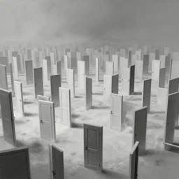 dystopian cyberpunk world, with doors everywhere, grey sky, monochrome except doors, concept art, matte painting, high detail, volumetric, large scale, digital painting, style of jordan grimmer, high res