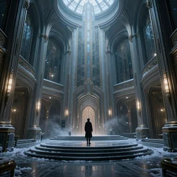 Secrets inside the cyberpunk winter palace, art deco sci fi, Horror, Trending artstation, cinematográfica, dramatic lighting, hyperdetailed clear crisp image