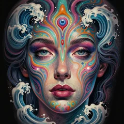 hyper detailed masterpiece, psychedelic face tattoo pattern, jean giraud, digital art painting, dream wave aesthetic, ethereal, artgerm, donato giancola, tom bagshaw