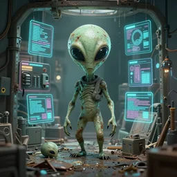 a dirty alien shop, futuristic, holographic, 8k, sharp focus, hyper realistic