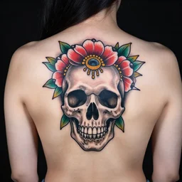 flower skull back tattoo