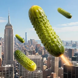 colossal pickles flying over new york city, firing projectiles down upon the city