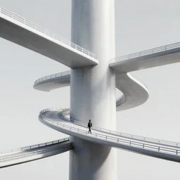 of a highly detailed 3 d photo of abstract architecture mixing between real and fake world, vertical tower upside down with curve bridge going to the sky, walking towards planet earth with black stars and sky dark above, black and white color, metaverse galaxy portals in the background, art nouveau, cyber punk, high contrast, panorama,