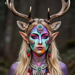 tiefling druid with deer antlers growing out of their head blonde hair and large tribal jewelry and face paint, purple, mint, teal, orange, pink, green, red
