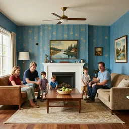 in the style of Vincent Di Fate and Chris Moore, a family of six in a mid century modern home, blue limewash walls ,very highly detailed, 8k, wallpaper