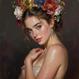 expressive oil painting, of young emilia clarke, seductive look, smirk, glistening body, love, sweat, ornate headpiece made flowers, glamour shot, by yoshitaka amano, by greg rutkowski, by jeremyg lipkinng, by artgerm, digital art, octane render, hard focus