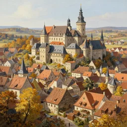 a middle european medieval town during autumn, painting, beautiful, award winning masterpiece
