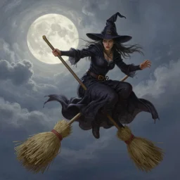 painting of a defiant witch on straw broom in the sky, extremely detailed book illustration, and cloudy full moon, dreamy feeling, dramatic lighting by artstation, cgsociety