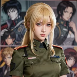 A beautiful young blonde anime dieselpunk woman in a military dress uniform || fine-face, pretty face, realistic shaded Perfect face, fine details. Anime. realistic shaded lighting poster by Ilya Kuvshinov katsuhiro otomo ghost-in-the-shell, magali villeneuve, artgerm, Jeremy Lipkin and Michael Garmash and Rob Rey