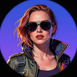 hyper detailed comic illustration of a cyberpunk Natalie Portman  wearing a futuristic sunglasses and a gorpcore jacket, markings on his face, by Android Jones intricate details, vibrant, solid background, low angle fish eye lens