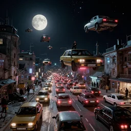 flying Lada cars in a traffic jam in a Russian cyberpunk slum city called Neo Norilsk on the Moon, at night, diverse, lively, black sky full of stars, blinding sun, sci-fi, lots of flying cars, levitation, cyberpunk outfits, photorealistic, grainy, 35mm, intricate, very very beautiful, elegant, smooth, cinematic, Unreal Engine 5, by Beeple, trending on Artstation HD