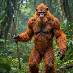 “tall Goblin Bigfoot human hyena hybrid with a hyena face and mange holding a spear, jungle background, sickly, orange fur, realistic, nature photography”