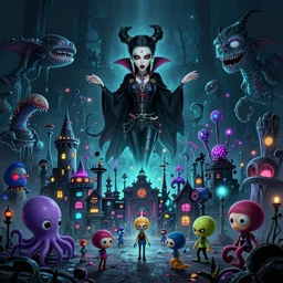 lisa frank gothic punk vampiric rockstar vampire squid dark ocean abyss with a crowded town at the center concept art designs of various shapes and sizes by genndy tartakovsky and the creators of fret nice at pieces interactive and splatoon by nintendo and the psychonauts by doublefine tim shafer artists for background art on the new hotel transylvania film starring a vampire squid kraken monster