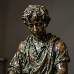 high resolution photograph of a bronze cast sculpture of a sad peasant boy in the style of edmund kalb