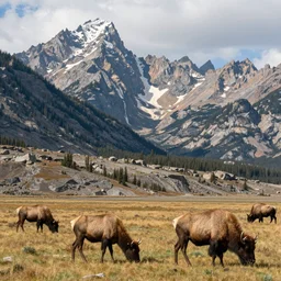 realistic photo of a rocky mountains landscape, elk and bison grazing, very sharp focus, in the style of greg rutswoski, very hyper realistic, highly detailed, fantasy art station